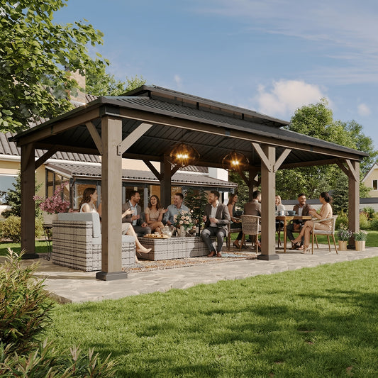 10' X 10' / 12' X 10' Outdoor Wooden Gazebo with Steel Double Roof, Cedar Pavilion for Patio, Garden And Backyard Use