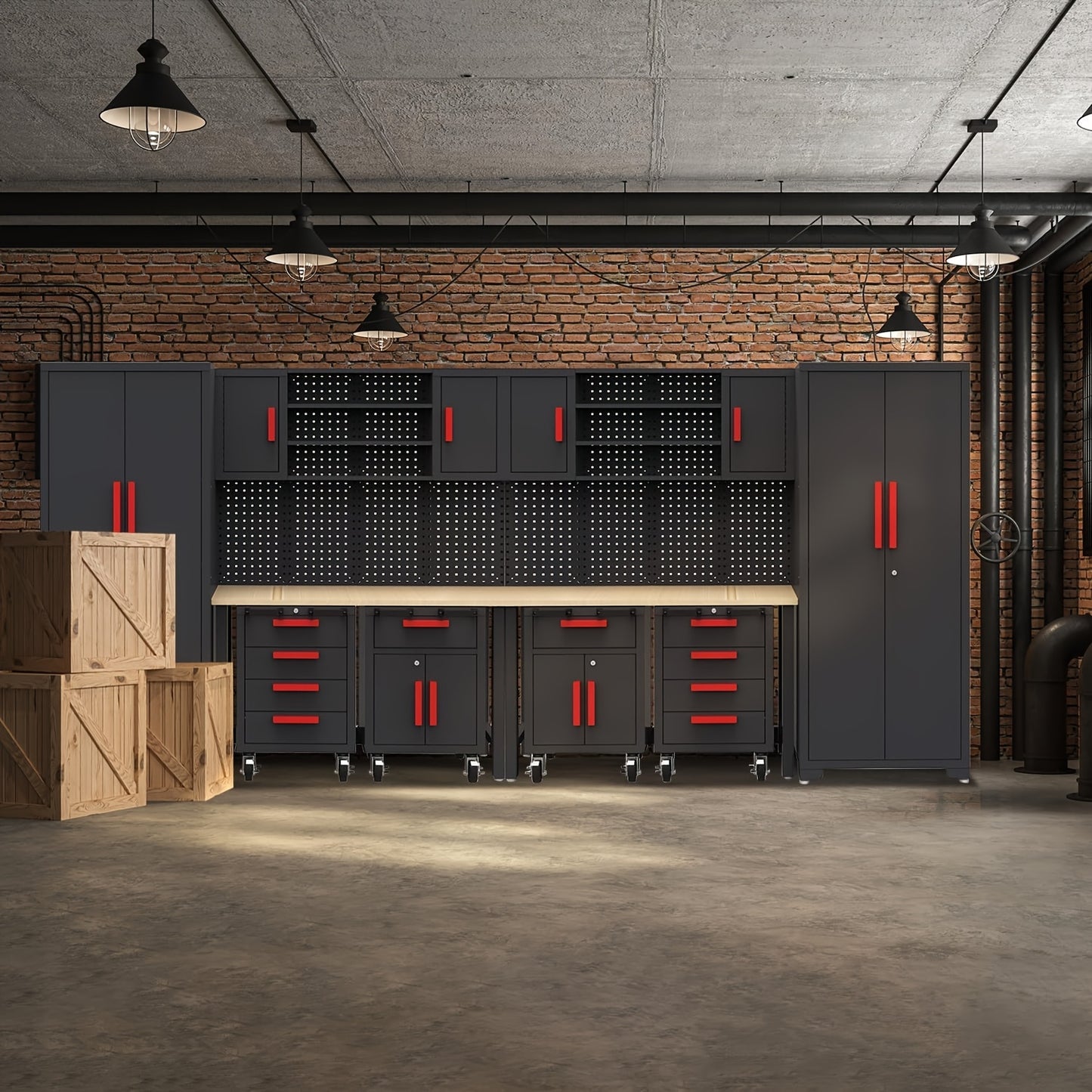 HPDMC 12pcs Heavy-Duty Steel Rolling Tool Box with Lockable Drawers & Cabinet - Heavy-Duty Steel Construction, 2-Tier Shelves, 3 Drawers, 2 Cabinets, Red Accents for Garage Workshop Storage (Black/Red)