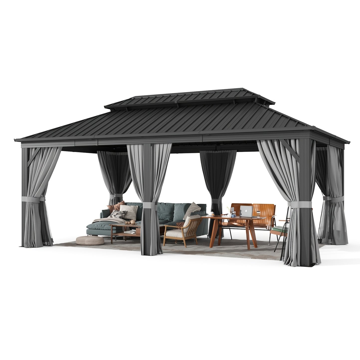 12' X 20' Outdoor Hardtop Gazebo, Aluminum Frame with Double Steel Roof, Privacy Curtain And Netting for Poolside, Backyard