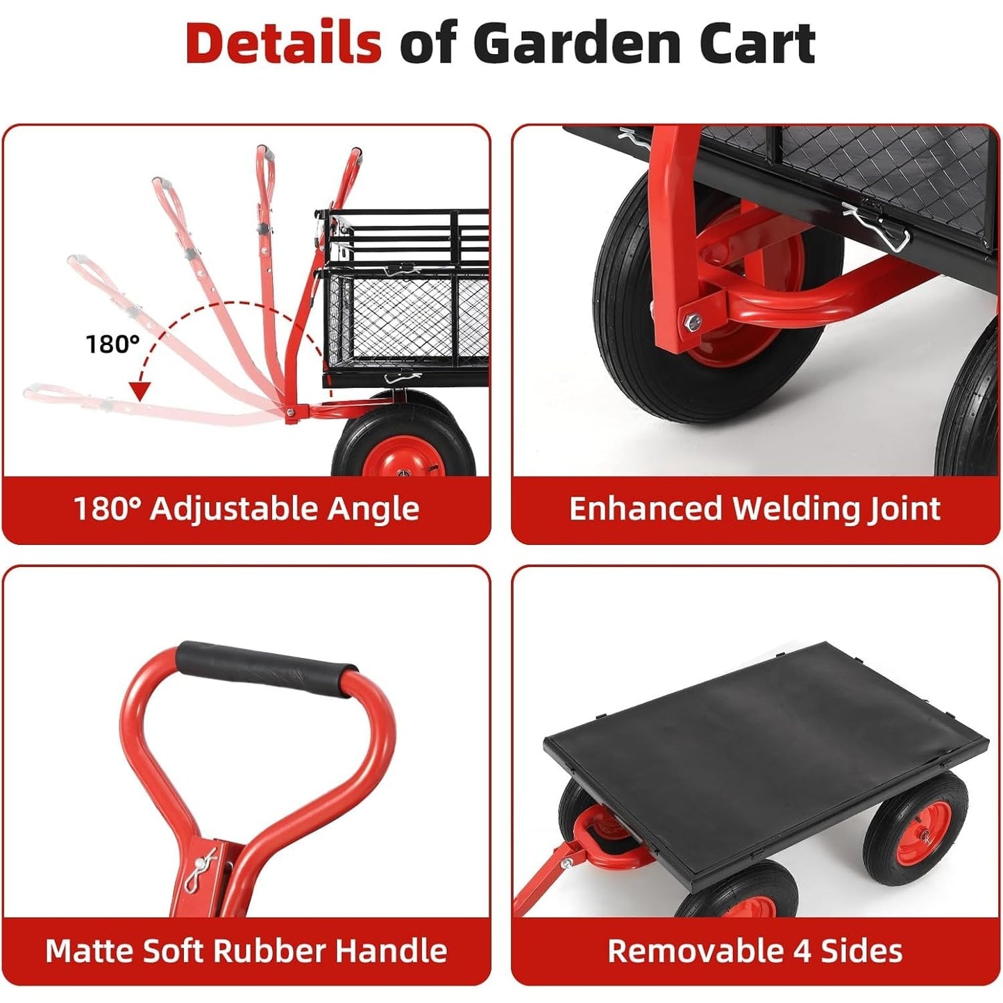Heavy Duty Garden Utility Cart, Metal Dump Wagon with Removable Sides and 180° Rotating Handle, Yard Garden Cart on Wheels for Outdoor