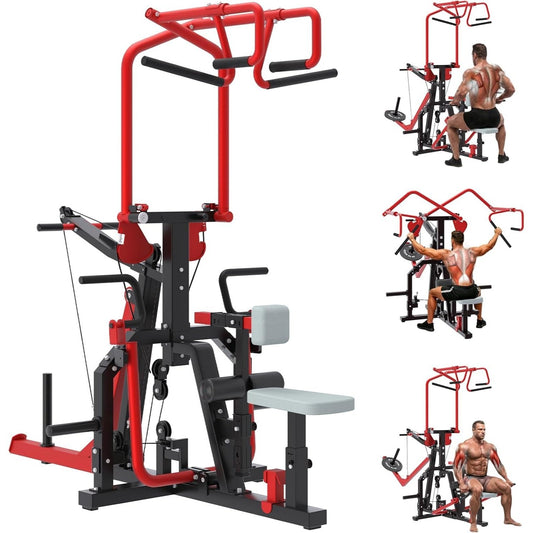 3-in-1 LAT Pull Down Scissor-Style feat Seated Row & Tricep Machine, Back Workout Plate Loaded Machine, LAT Tower with Cable Row Attachment, Home Gym Pulley System Machine