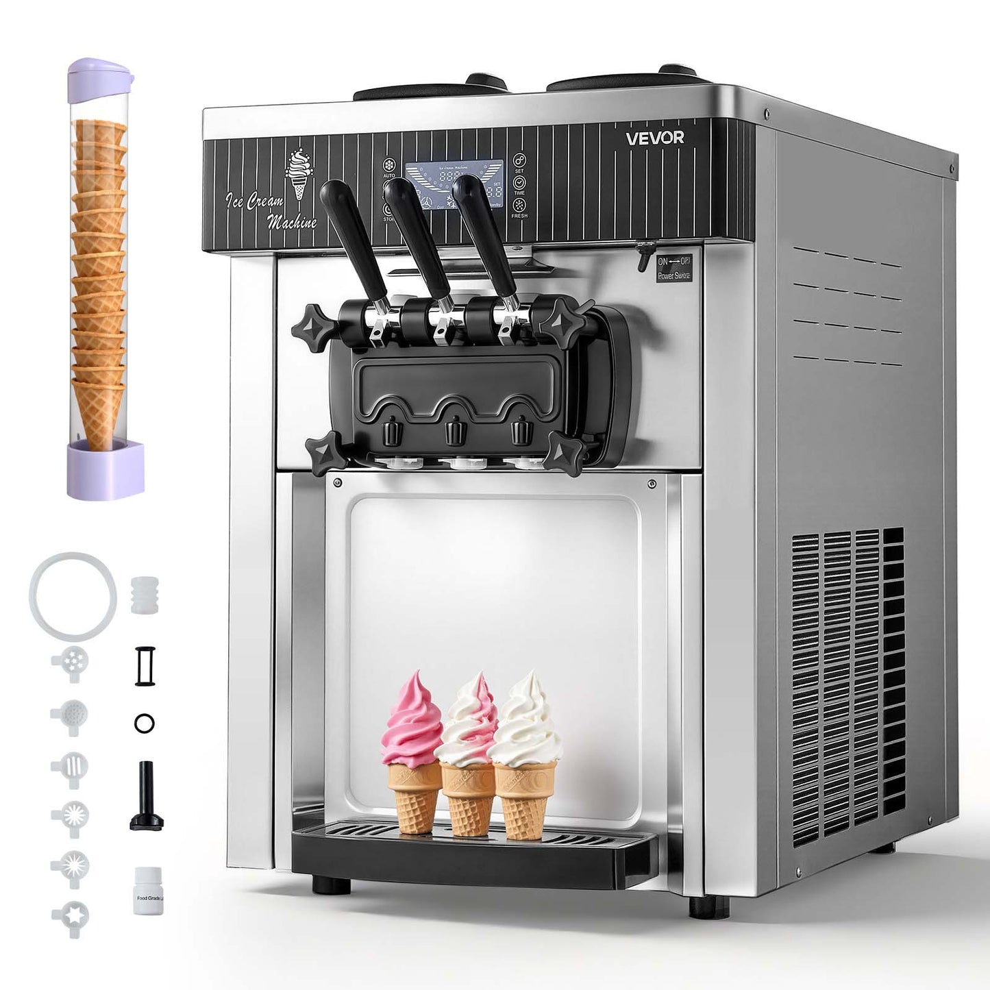 Commercial Ice Cream Machine, 20-28L/H Yield, 2200W 3-Flavor Countertop Soft Serve Ice Cream Maker, Pre-Cooling Self-Cleaning for Snack Dessert Shops