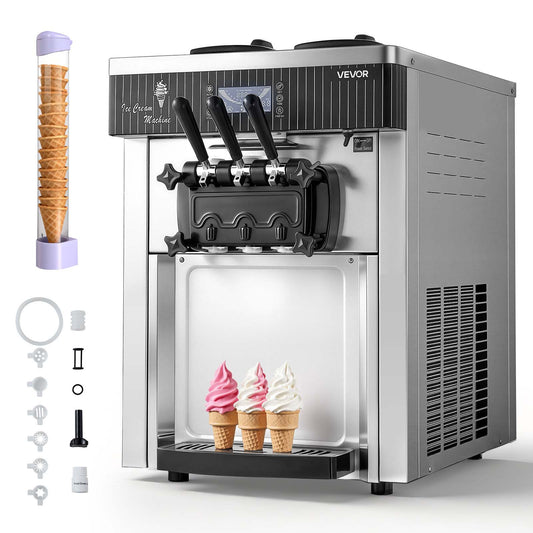 Commercial Ice Cream Machine, 20-28L/H Yield, 2200W 3-Flavor Countertop Soft Serve Ice Cream Maker, Pre-Cooling Self-Cleaning for Snack Dessert Shops