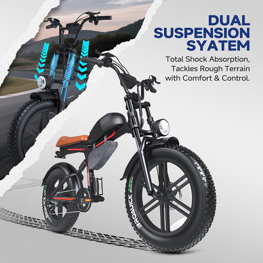 Retro Motorcycle Style Electric Bike for Adults, 20"x4.0" Tire, 48V 18Ah Battery for 60-90 Miles Long Range & Fast Speed, 7-Speed, Ideal for City Commuting, Trail Riding And Leisure Cruising.