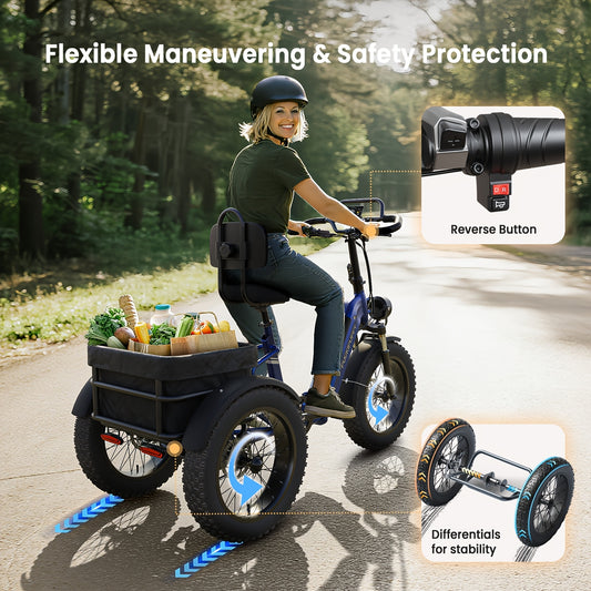 Full Suspension Electric Tricycle for Adults, Rear Mounted High-power Motor, 20" Tire Wide Seat Electric Trike with Reverse, 48V 720Wh Battery 75 Miles 19MPH Cargo Tricycle with Torque Sensor, Large Basket, Turn Signal