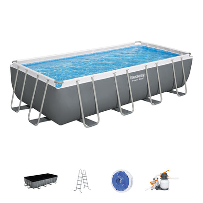 Bestway Power Steel Rectangular Metal Frame Above Ground Swimming Pool Set with 1500 GPH Sand Filter Pump, Ladder, and Pool Cover