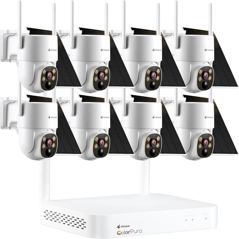 Kittyhok 2K ColorPura Solar Security Camera System, Wireless Outdoor, 8pcs PT Security Cameras, Pro Color Night Vision, Human Detection, 360 View, 1TB HDD, KBLR4084 Bundle with BLY4