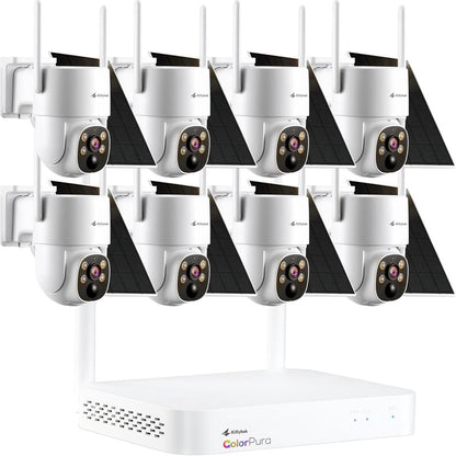 Kittyhok 2K ColorPura Solar Security Camera System, Wireless Outdoor, 8pcs PT Security Cameras, Pro Color Night Vision, Human Detection, 360 View, 1TB HDD, KBLR4084 Bundle with BLY4
