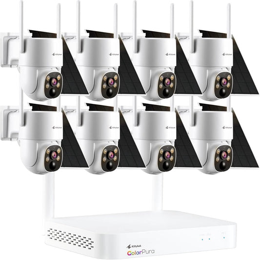 Kittyhok 2K ColorPura Solar Security Camera System, Wireless Outdoor, 8pcs PT Security Cameras, Pro Color Night Vision, Human Detection, 360 View, 1TB HDD, KBLR4084 Bundle with BLY4