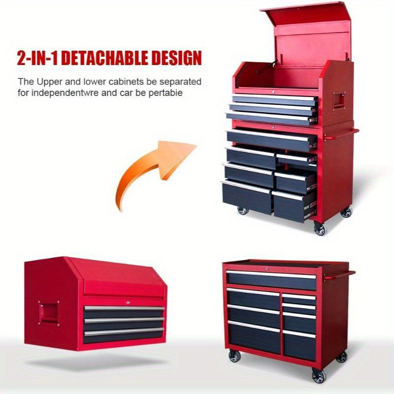 41 in. W x 24. 5 in. D Heavy Duty Rolling Tool Chests and Cabinets Combo, 20 Gauge Steel, 11-Drawer Garage Workshop Tool Chest and Top Tool Cabinet Set (11 Drawers - Red+Black)