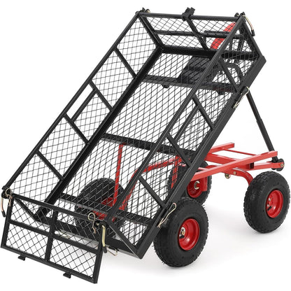 Heavy Duty Garden Utility Cart, Metal Dump Wagon with Removable Sides and 180° Rotating Handle, Yard Garden Cart on Wheels for Outdoor
