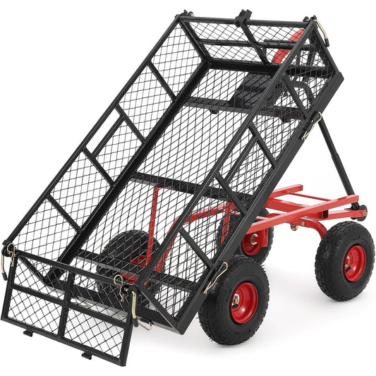 Heavy Duty Garden Utility Cart, Metal Dump Wagon with Removable Sides and 180° Rotating Handle, Yard Garden Cart on Wheels for Outdoor
