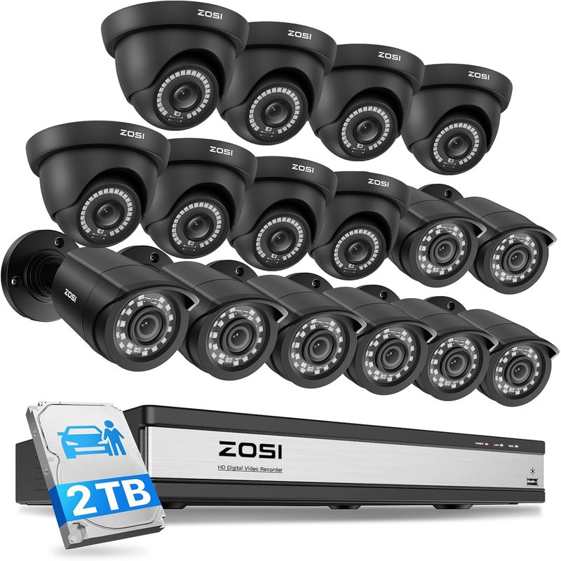 16CH Security Camera System with 2TB HDD, AI Human Vehicle Detection, 16PCS 1080P Outdoor Indoor Surveillance Cameras, Night Vision, H. 265 16Channel 2MP DVR for 24 7 Recording, Remote Access