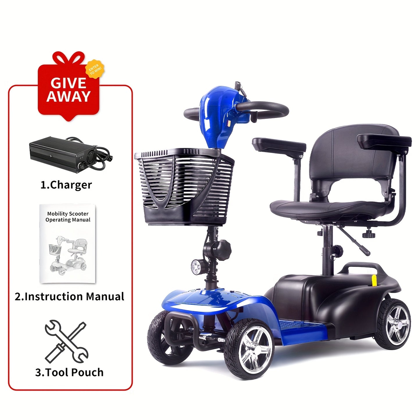Mobility Aids for The, Four-wheel Foldable Mobility Scooters for Adults, 250w 12V, 12ah 15 Mile Long Range, with LED Headlights And A Detachable Storage Basket. Comes with A Tool Kit, Charger, And Instruction Manual.Holiday Surprise Gift