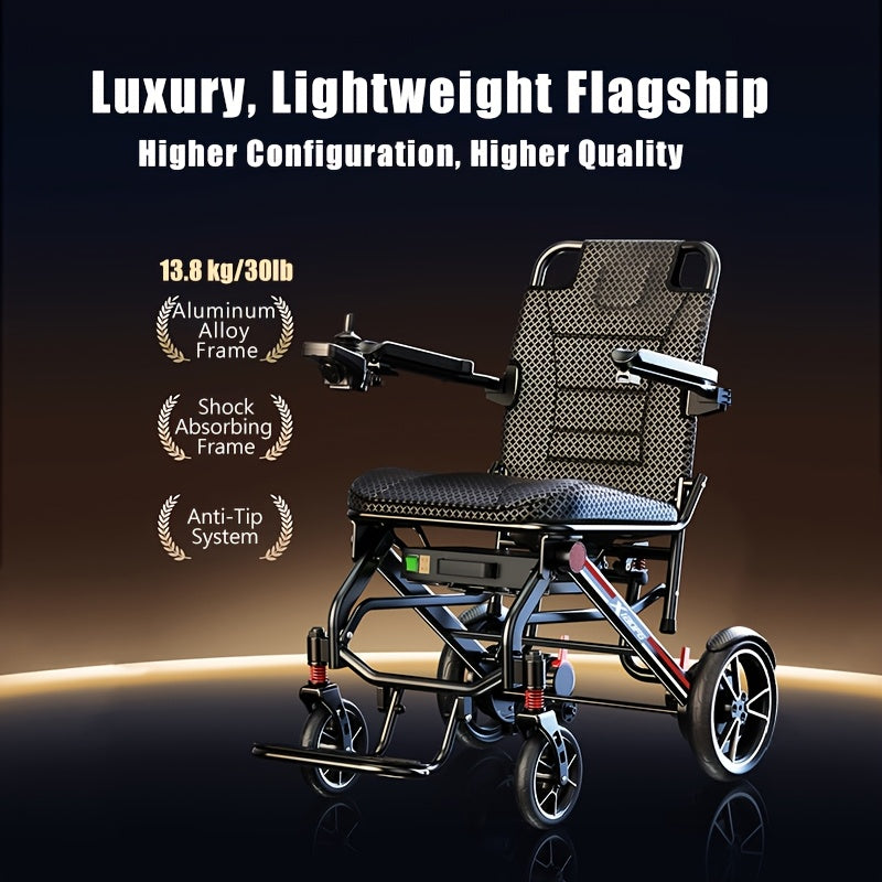 An Airline-compliant Electric Wheelchair. This Luxurious Lightweight Model Is Foldable with A Total Weight Of 13.8kg (30.4 LB). The 12AH Battery Achieves A 15km Range, Integrating Intelligent Anti-tip And Multiple Shock Absorption Features.