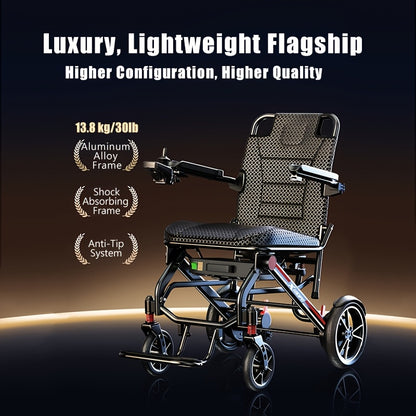 An Airline-compliant Electric Wheelchair. This Luxurious Lightweight Model Is Foldable with A Total Weight Of 13.8kg (30.4 LB). The 12AH Battery Achieves A 15km Range, Integrating Intelligent Anti-tip And Multiple Shock Absorption Features.