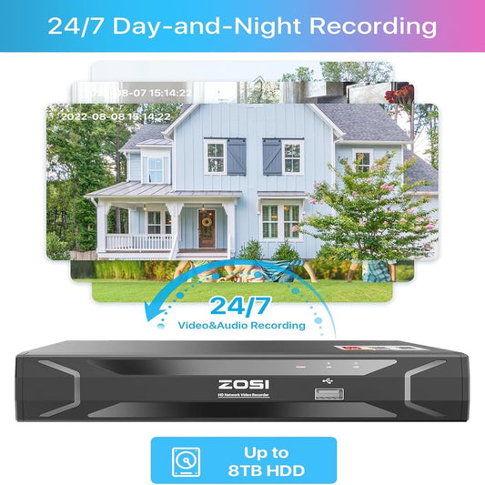 ZOSI 5MP 8CH PoE Security Camera System with Audio, H. 265 5MP 8 Channel NVR with 2TB HDD, 8pcs Weatherproof PoE IP Cameras Outdoor Indoor, Human Detection, 100ft Night Vision, for Home 24 - 7 Recording
