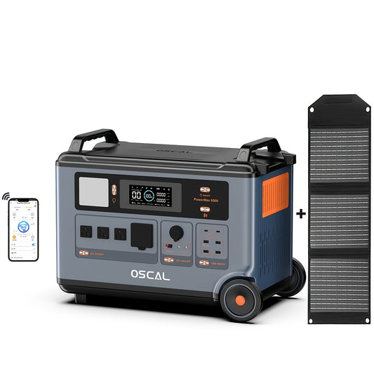OSCAL PowerMax 6000 Portable Power Station, 3600Wh LiFePO4 Battery 6000W (9000W Peak)AC Output Dual Voltage 120V/240V Solar Generator for Camping, Home, Outdoor, Emergency Use(Free 30W Solar Panel)