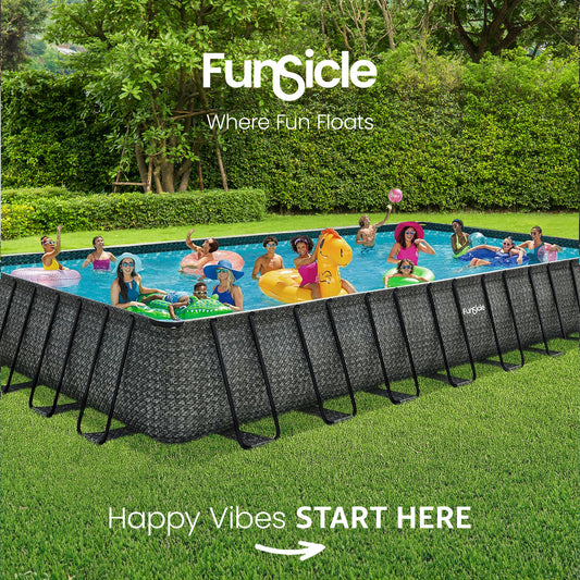 Funsicle Oasis Designer Outdoor Rectangular Frame Above Ground Swimming Pool Set with Accessories and Maintenance Kit, Dark Herringbone Gray