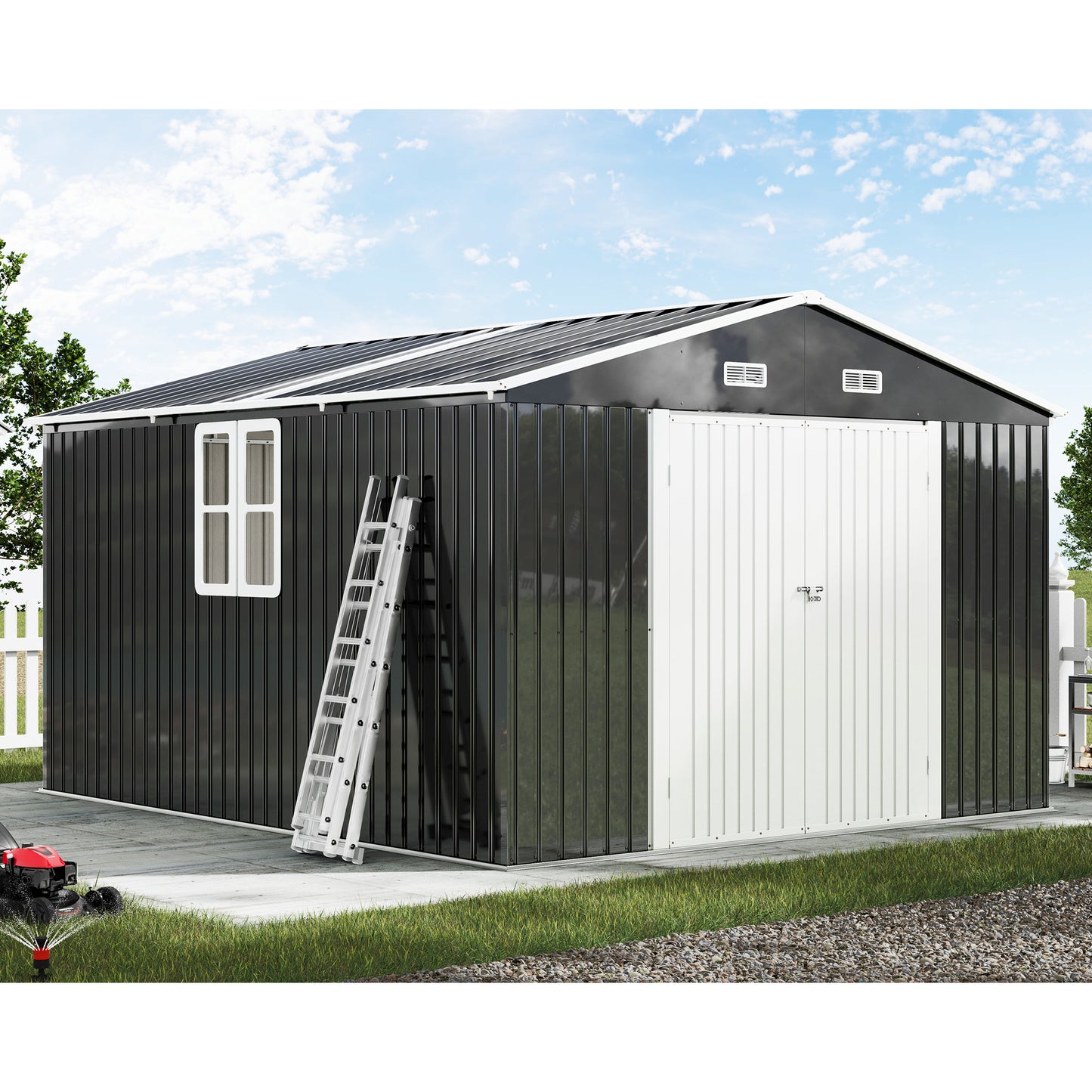 Jocisland 10X12X7 FT Galvanized Steel Storage Shed with 2 4-Pane Windows Hinged Double Doors, Outdoor Shed for Backyard, Garden, Patio