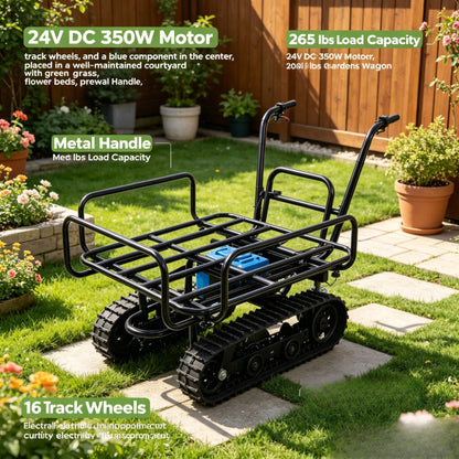 24V DC 350W Electric Transportation Cart, 265Lbs Load Utility Garden Dump Cart with Metal Handle And 16' Track Wheels, Heavy Duty Yard Lawn Wagon for Backyard Farm Outdoor Gardening Cargo Transport