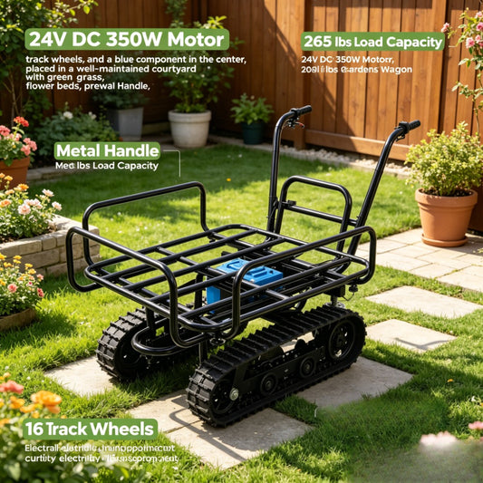 24V DC 350W Electric Transportation Cart, 265Lbs Load Utility Garden Dump Cart with Metal Handle And 16' Track Wheels, Heavy Duty Yard Lawn Wagon for Backyard Farm Outdoor Gardening Cargo Transport