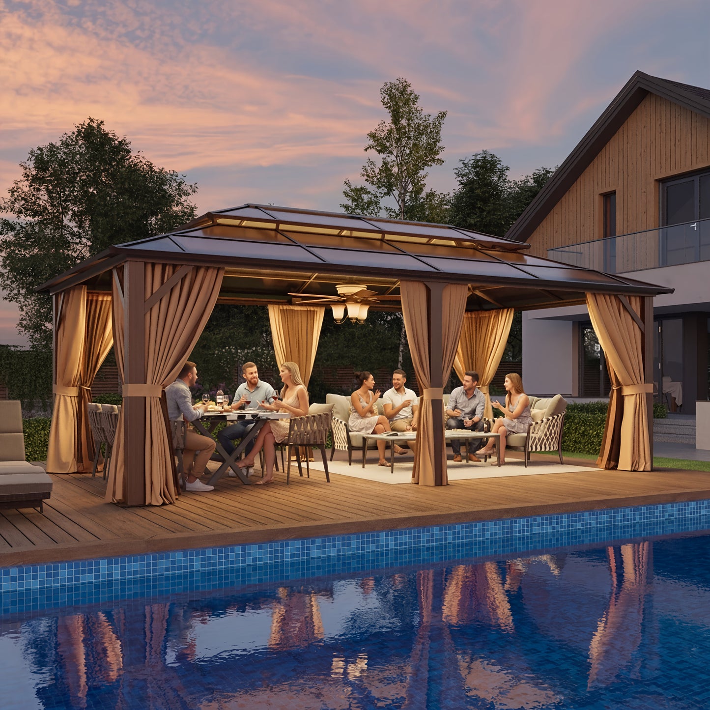 12'X20' Hardtop Gazebo, Aluminum Frame Permanent Pavilion with Curtains And Netting, Outdoor Polycarbonate Double Roof Canopy, for Patio, Lawns, Garden