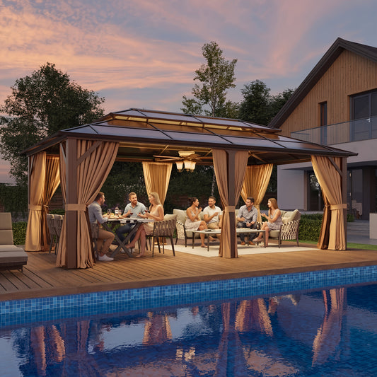 12'X20' Hardtop Gazebo, Aluminum Frame Permanent Pavilion with Curtains And Netting, Outdoor Polycarbonate Double Roof Canopy, for Patio, Lawns, Garden