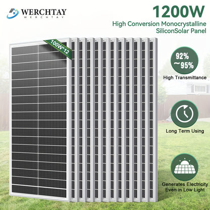 1200W High-efficiency Conversion Monocrystalline Solar Panels, 12pcs Of 100W Solar Panels, 24% High-efficiency Conversion Monocrystalline Technology Solar Panels, Suitable For RVs, Boats, Homes, Rooftops, Camping, Farms, And Other Off-grid Applic