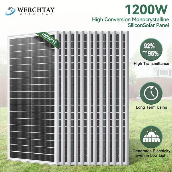 1200W High-efficiency Conversion Monocrystalline Solar Panels, 12pcs Of 100W Solar Panels, 24% High-efficiency Conversion Monocrystalline Technology Solar Panels, Suitable For RVs, Boats, Homes, Rooftops, Camping, Farms, And Other Off-grid Applic