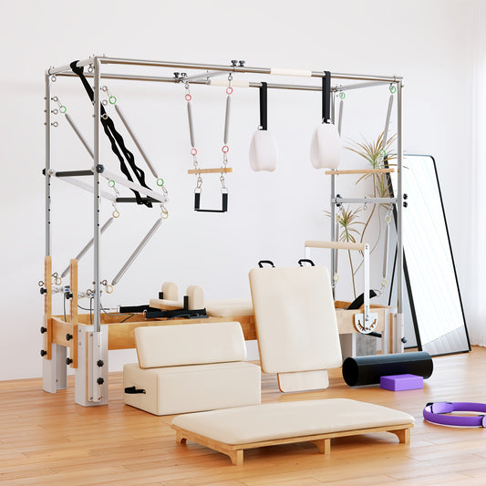 Premium 3-In-1 Wood Pilates Reformer with Cadillac Trapeze, 800Lb Capacity Home Gym System with Jumpboard, Sitting Box And Complete Set of Additions