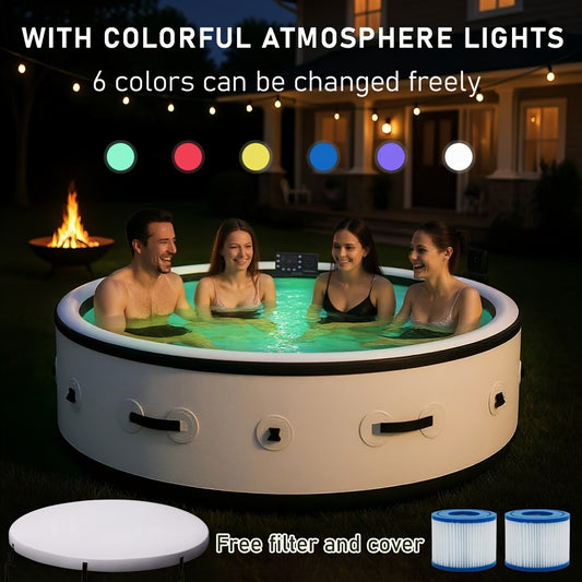 Outdoor Inflatable Hot Tub Spa For Adults, Foldable Tub With Adjustable Heating, Mood Lights And Insulated Cover, Built In Filtration System For Relaxation, Recovery And Backyard Enjoyment