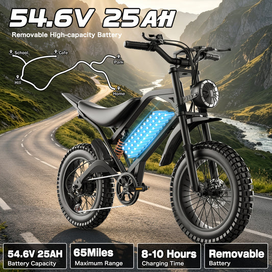 Electric Bike for Adults Teens, 749W Peak Off-Road Ebike, 27.9MPH And 65Miles, 20 X 3In Portable Electric Bike, Dual Suspension And Dual Brake, Commuting Ebike with Long-Seat, 365LBS