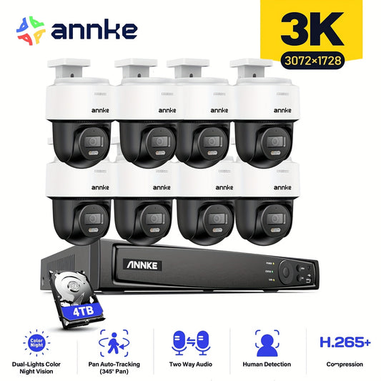 ANNKE CPT500 3K Security Camera System With Auto-Tracking, 345°Pan 80°Tilt, 8CH 12MP NVR With 4TB HDD, 8pcs 3K PoE Cameras Home Surveillance Wired, AI Human Detection, Smart Dual Light&2-Way Talk