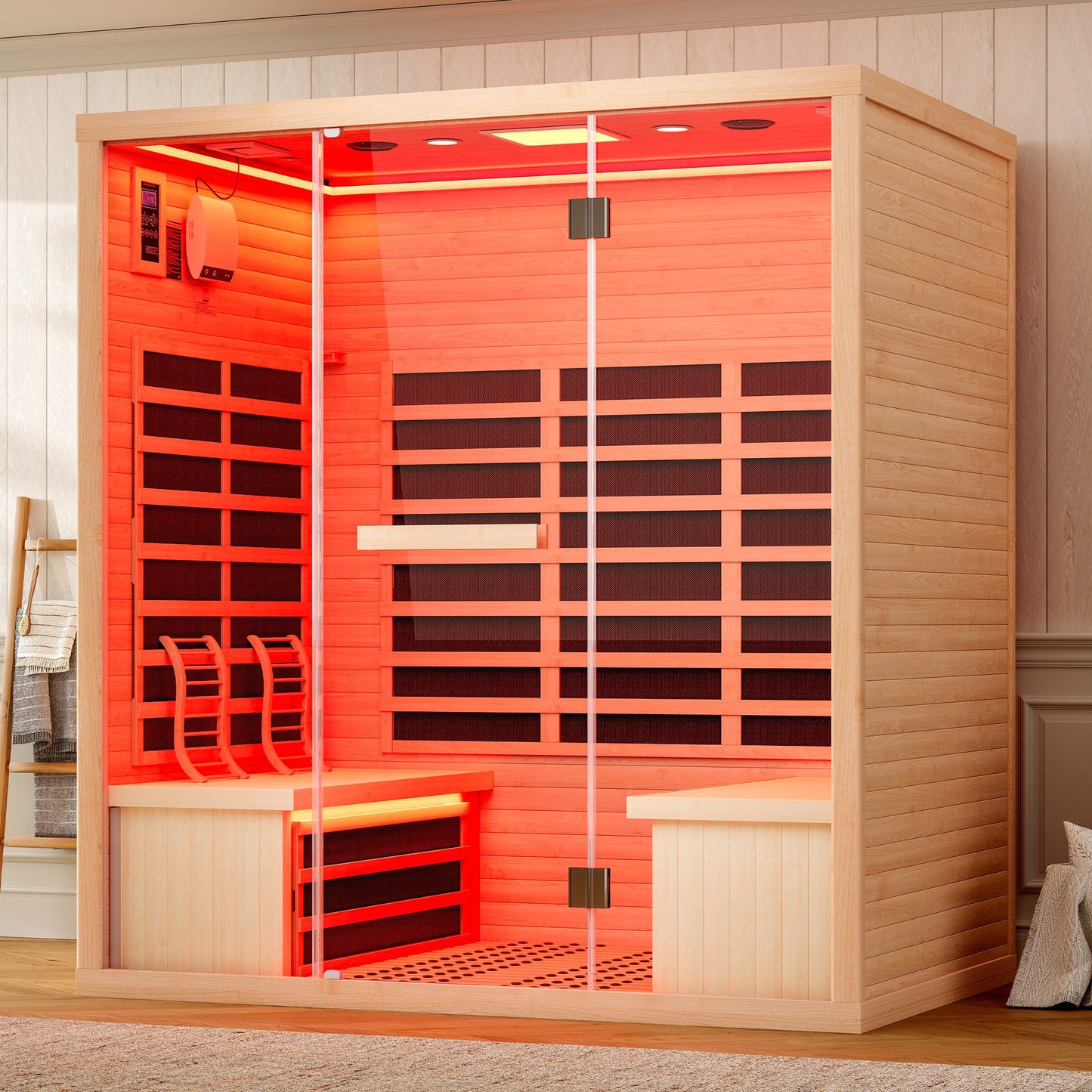 4-Person Infrared Sauna, 2145W Hemlock Wood Indoor Spa with Foot Warmer& 7-Color Light Therapy, Ambient Light Strips 63.2"x47.2"x75.2"