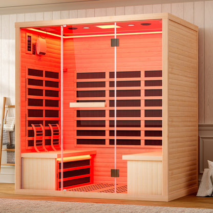 4-Person Infrared Sauna, 2145W Hemlock Wood Indoor Spa with Foot Warmer& 7-Color Light Therapy, Ambient Light Strips 63.2"x47.2"x75.2"