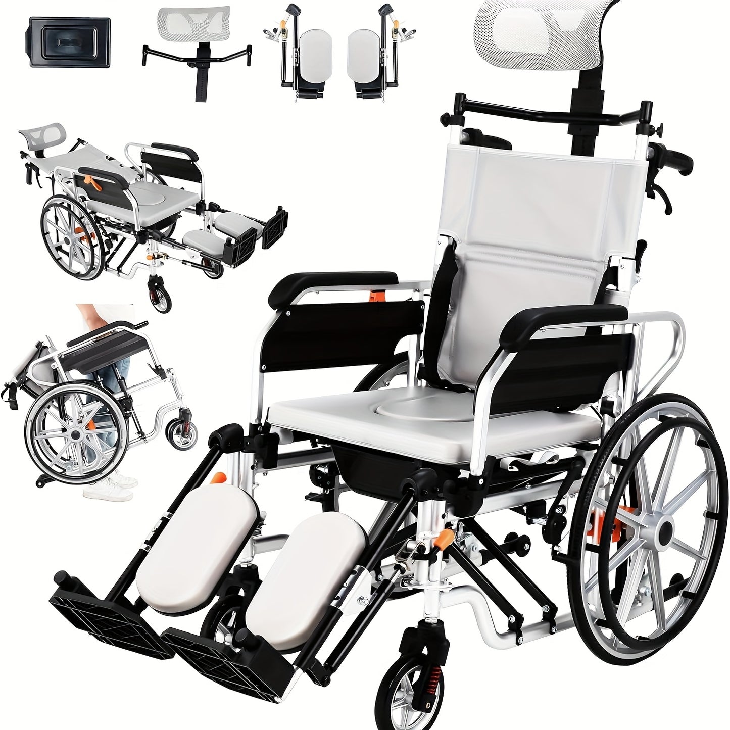 4-in-1 Reclining Wheelchairs, Waterproof Shower Bathroom Wheelchair, Transport Wheelchairs with Elevating Leg Rests And Potty- 18.5" Wide Seat Heavy Duty Recliner Wheel Chair for Seniors & Adults