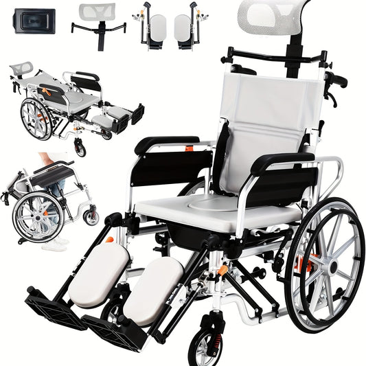 4-in-1 Reclining Wheelchairs, Waterproof Shower Bathroom Wheelchair, Transport Wheelchairs with Elevating Leg Rests And Potty- 18.5" Wide Seat Heavy Duty Recliner Wheel Chair for Seniors & Adults
