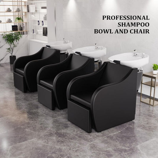 OmySalon Shampoo Sink for Salon, Hair Wash Chair with White Porcelain Shampoo Bowl, Electric Shampoo Station Backwash Barber Chair, Beauty Spa Massage Hairdressing Equipment
