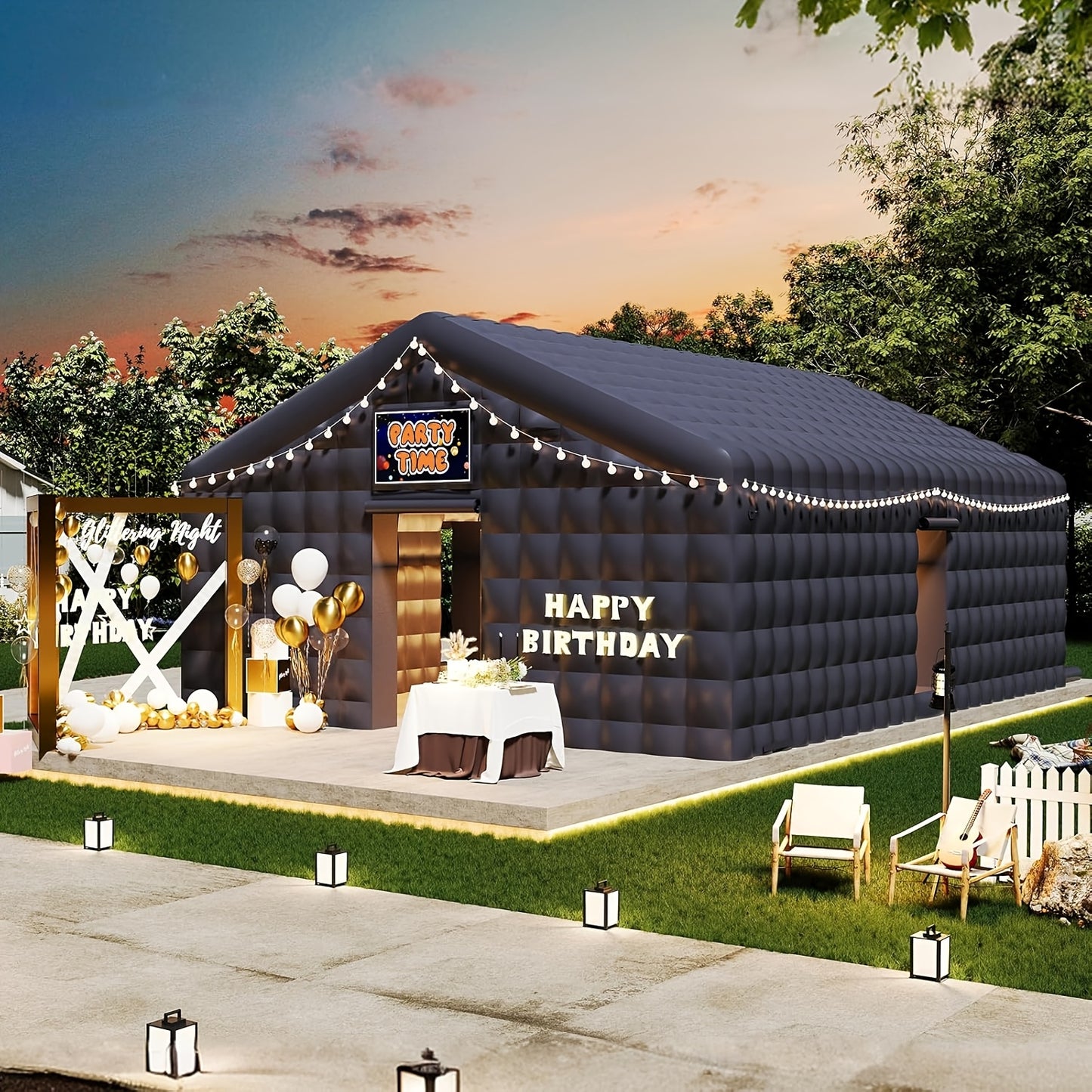 PAPAJET Large Black Inflatable Night Club Tent for Adults with 2 Side Doors, Inflatable Nightclub with Area Gazebo Event House for Wedding Birthday Backyard Party