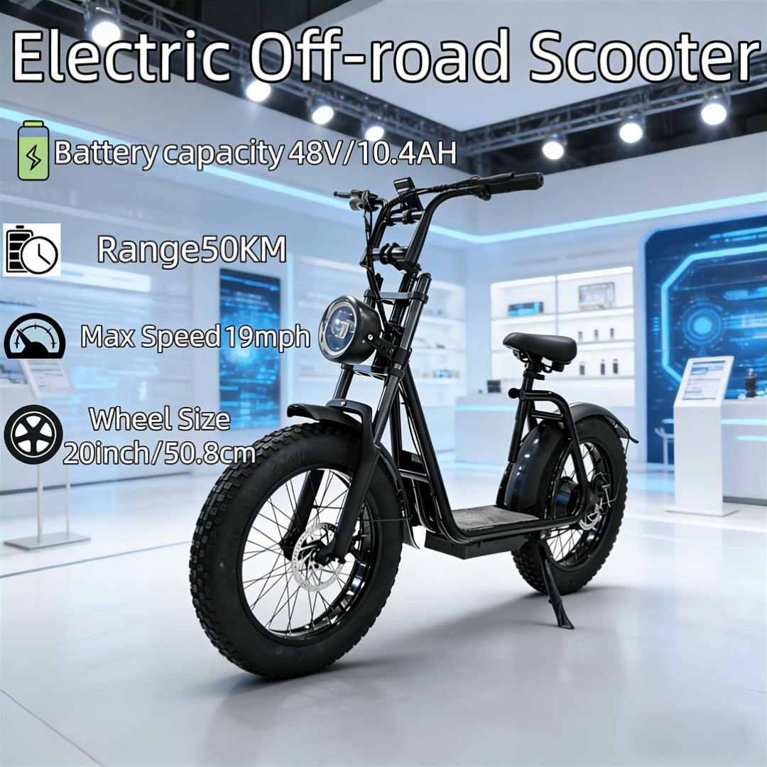 Electric Off-Road Scooter with Seat, Front And Rear Disc Brakes, Rear Wheel with ABS Anti-Lock Braking System for Safer Sudden Stops. Ultra-Long Range of 50 Km, Suitable for City Roads And All-Terrain Off-Road Use