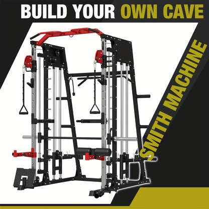 ALL-IN-ONE 2200lbs Smith Machine Home Gym, Squat Rack with LAT-Pull Down System & Cable Crossover Machine, Training Equipment with Weight Bar, 360° Landmine, Barbell Holders And Other Attachments, Total Body Strength Training Cage