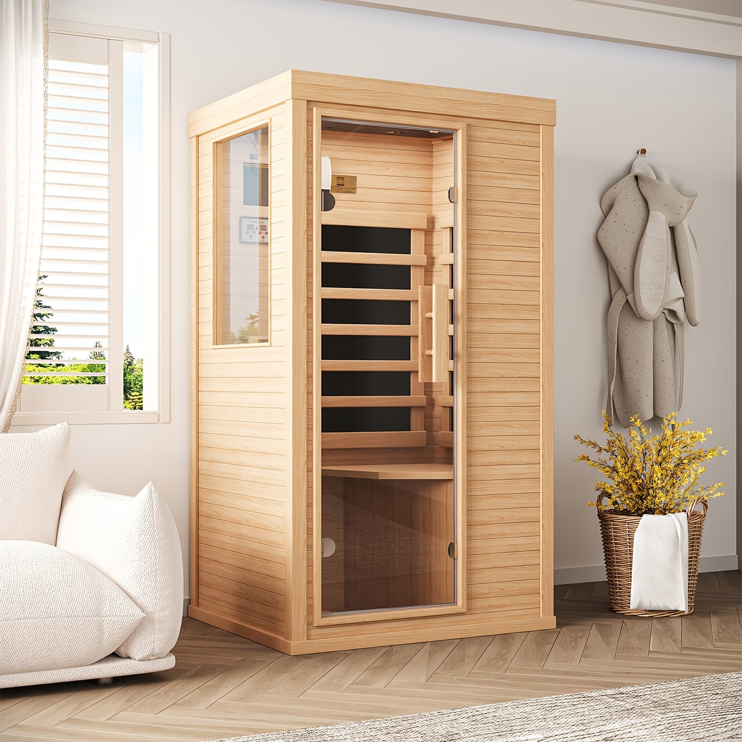 1-2 Person Indoor Infrared Sauna, 2.7'x2.3'-with A Half Glass, Full Spectrum Dry Sauna with Control Panel, Low EMF Far Infrared Sauna for Home Spa, Muscle Recovery, Patio & Backyard