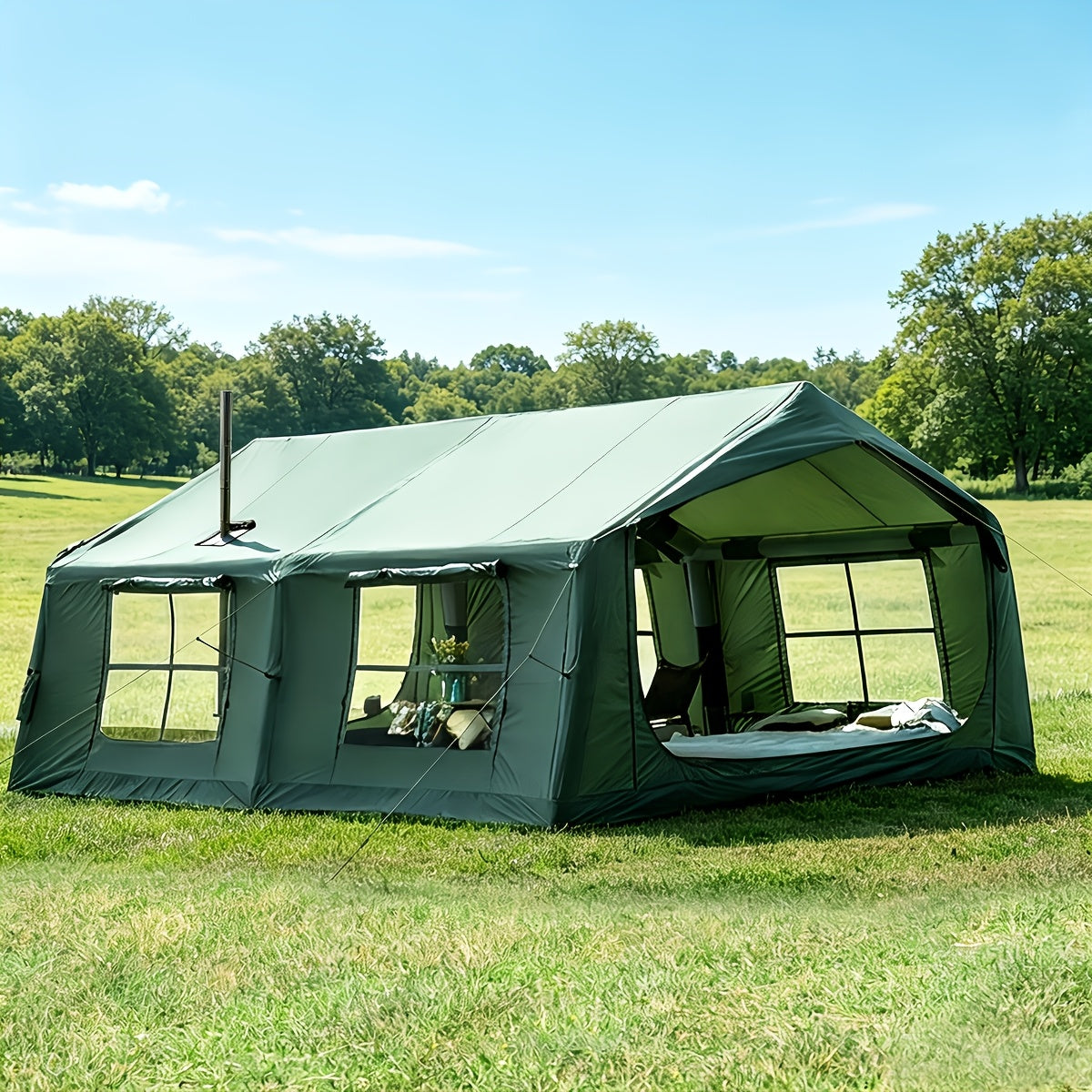 186Sqft Inflatable Camping Tent with Hand Pump Easy Setup Outdoor Air Tent 4 Seasons Glamping Cabin House with Windows And Door