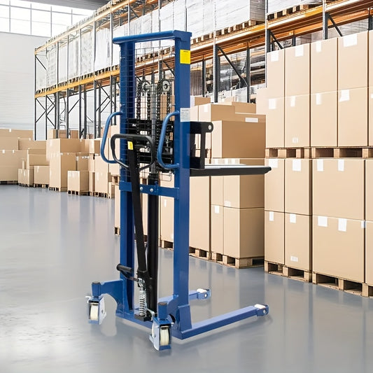 Industrial Heavy-Duty 2200lbs Manual Hydraulic Pallet Stacker | Adjustable Lift Height 3.78"-63" | Fixed Legs & Blue Metal Grid Design | Adjustable Forks For Open Bottom/Block Pallets | Ideal For Warehouses, Factories & Industrial Use