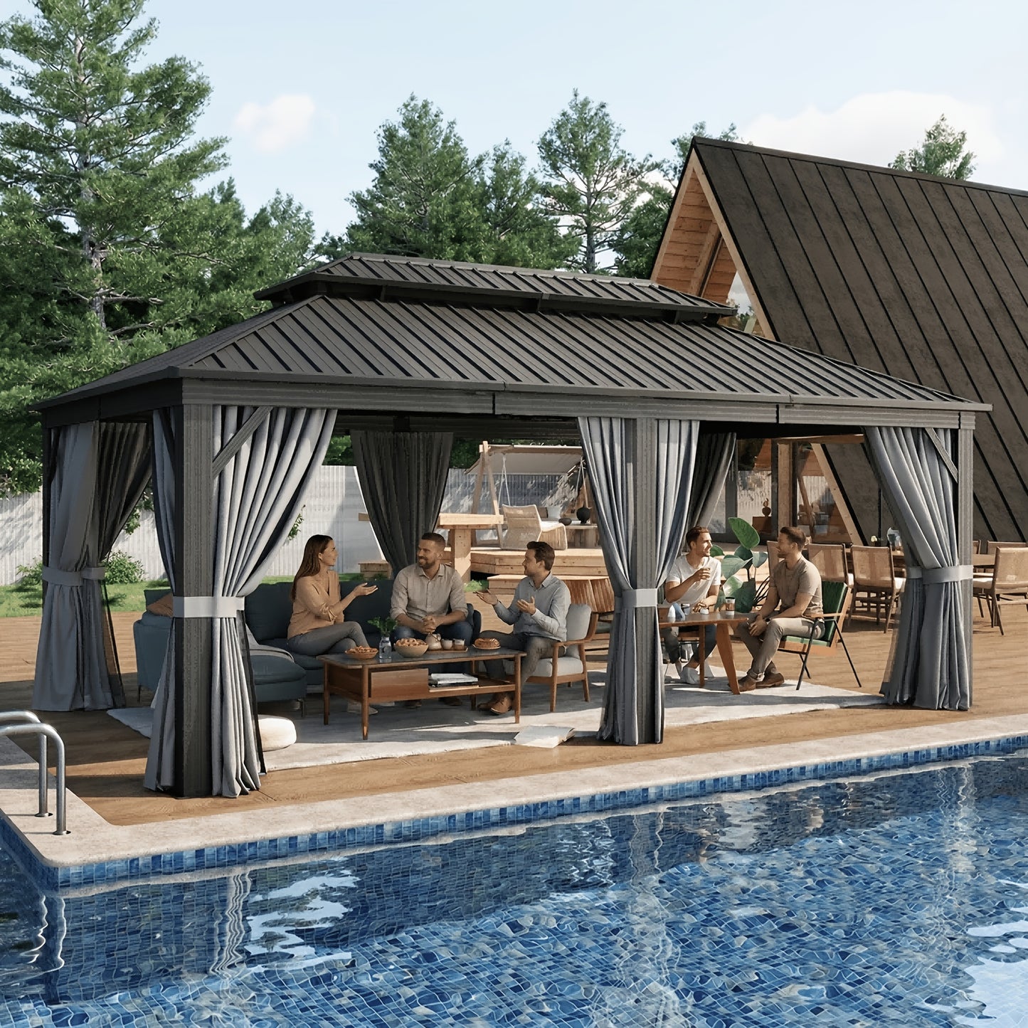 12' X 20' Outdoor Hardtop Gazebo, Aluminum Frame with Double Steel Roof, Privacy Curtain And Netting for Poolside, Backyard