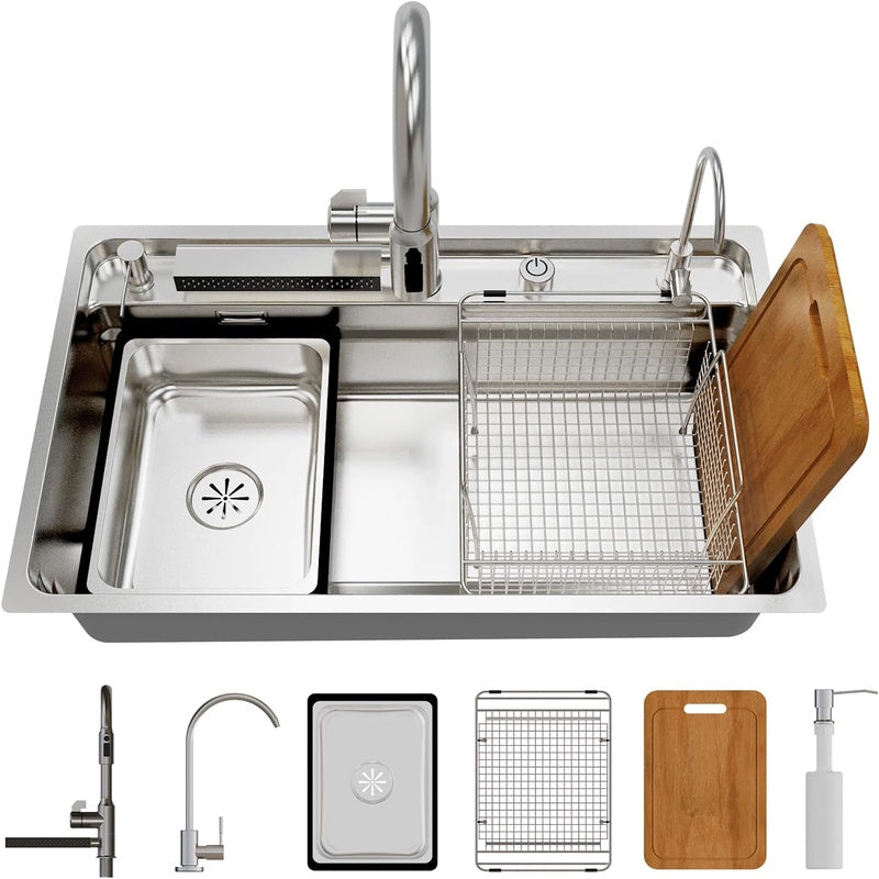 30.7 x 18.9 Inch Drop - in Undermount Kitchen Sink Deep Single Bowl 15 Gauge T304 Stainless Steel Handmade Basin Smart Modern Workstation Sinks with Accessories