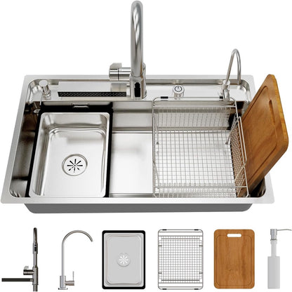 30.7 x 18.9 Inch Drop - in Undermount Kitchen Sink Deep Single Bowl 15 Gauge T304 Stainless Steel Handmade Basin Smart Modern Workstation Sinks with Accessories
