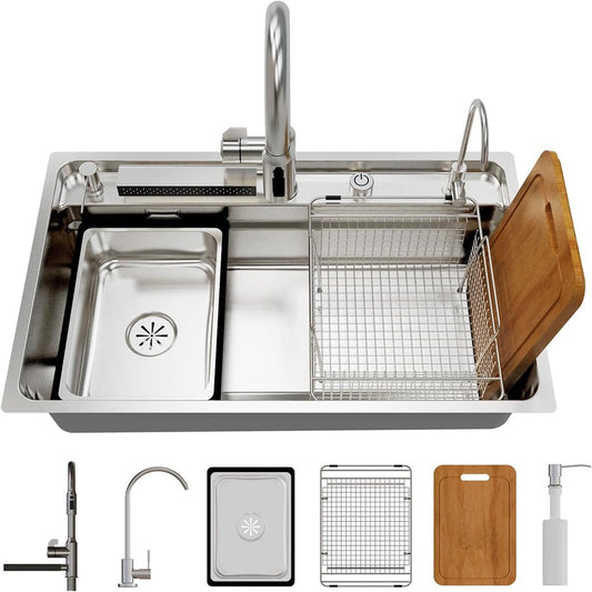 30.7 x 18.9 Inch Drop - in Undermount Kitchen Sink Deep Single Bowl 15 Gauge T304 Stainless Steel Handmade Basin Smart Modern Workstation Sinks with Accessories