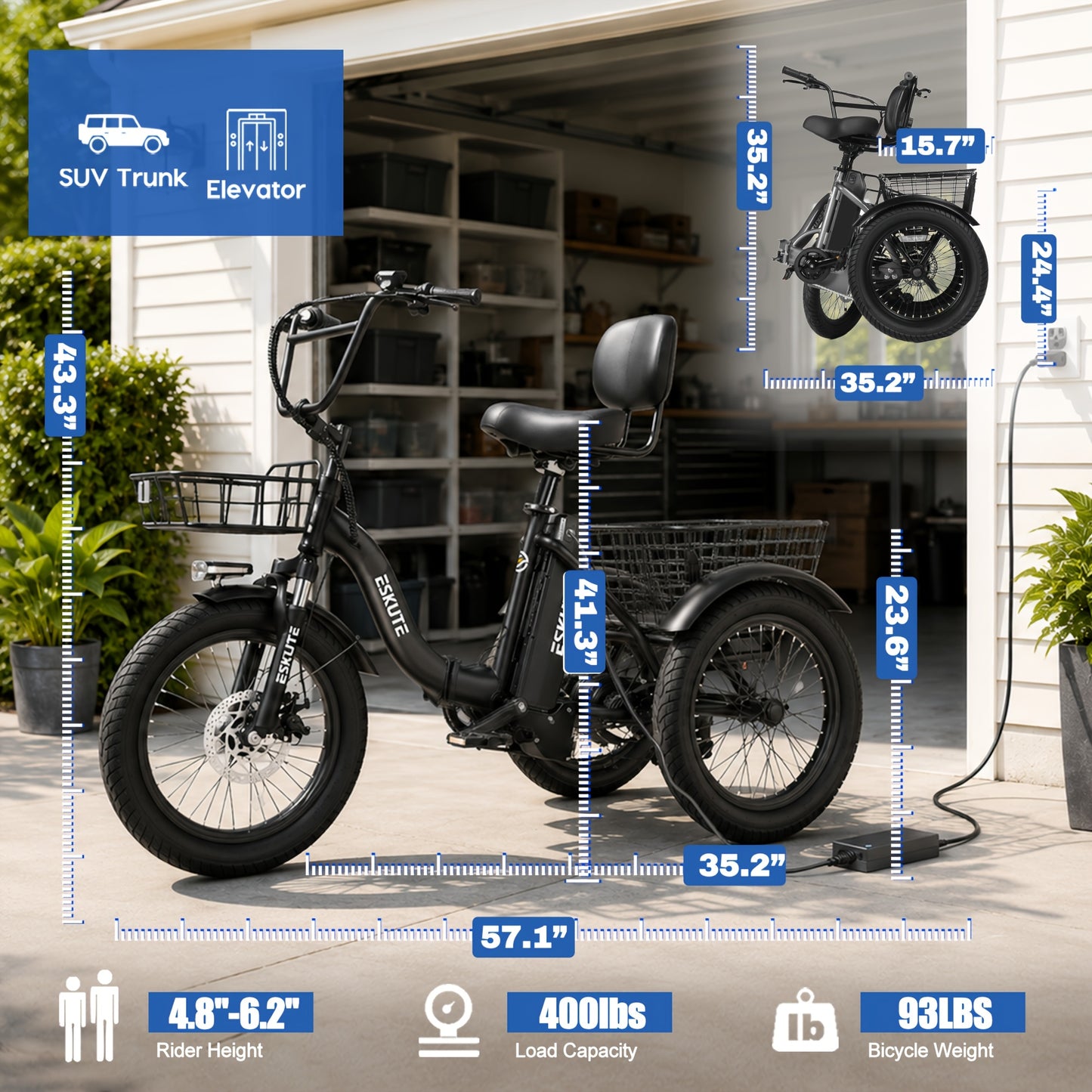 ESKUTE Tricycle for Adults, Folding Trike 18X3.0 Tire Ebike, 624Wh(48V 13AH) Removable Battery, Step-Thru 3 Wheel Electric Bicycle, Up to 55 Miles, Unisex